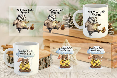 Mug Wrap Grumpy Bear Badger Hygge Watercolor Sublimation artnoy 
