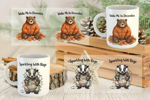 Mug Wrap Grumpy Bear Badger Hygge Watercolor Sublimation artnoy 