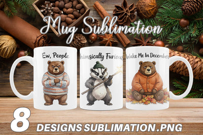 Mug Wrap Grumpy Bear Badger Hygge Watercolor Sublimation artnoy 