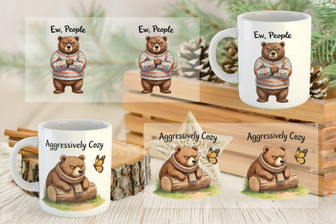 Mug Wrap Grumpy Bear Badger Hygge Watercolor Sublimation artnoy 