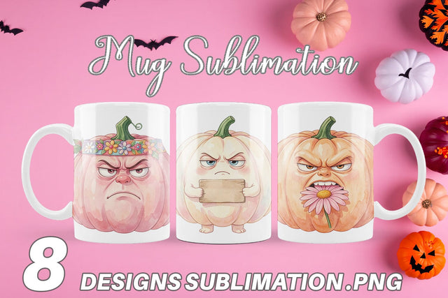 Mug Wrap Grumpy Pink Pumpkin Retro Watercolor Sublimation artnoy 