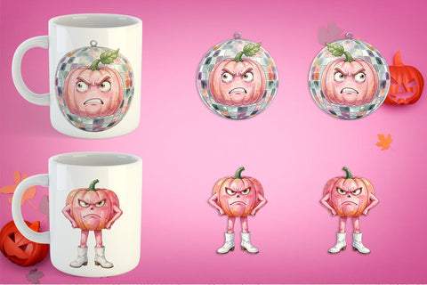 Mug Wrap Grumpy Pink Pumpkin Retro Watercolor Sublimation artnoy 