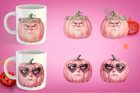 Mug Wrap Grumpy Pink Pumpkin Retro Watercolor Sublimation artnoy 