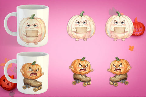 Mug Wrap Grumpy Pink Pumpkin Retro Watercolor Sublimation artnoy 