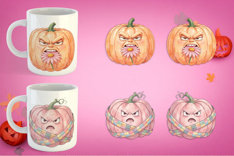 Mug Wrap Grumpy Pink Pumpkin Retro Watercolor Sublimation artnoy 