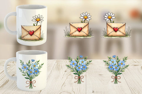 Mug Wrap Handmade Valentine Blooms & Notes Watercolor Sublimation artnoy 