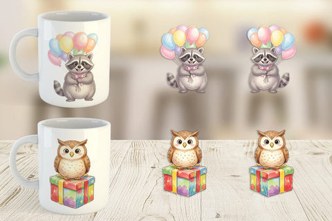 Mug Wrap Happy Round Woodland Birthday Watercolor Sublimation artnoy 