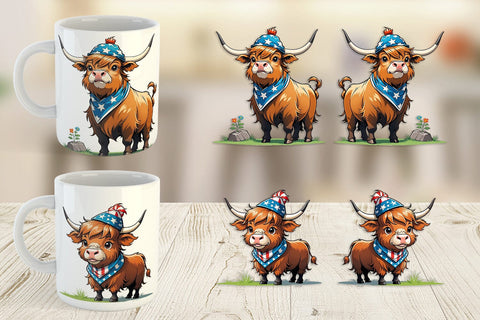Mug Wrap Highland Cow 4th of July Sublimation artnoy 