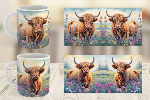 Mug Wrap Highland Cow and Flower Sublimation artnoy 