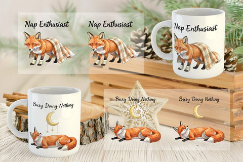 Mug Wrap Lazy Fox Cozy Hygge Watercolor Sublimation artnoy 