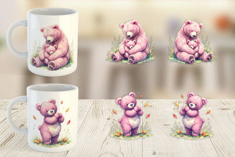 Mug Wrap Mama Bear Cub Watercolor Sublimation artnoy 