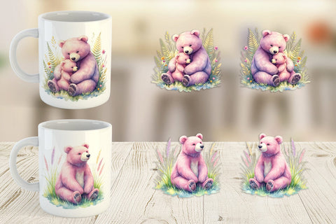 Mug Wrap Mama Bear Cub Watercolor Sublimation artnoy 