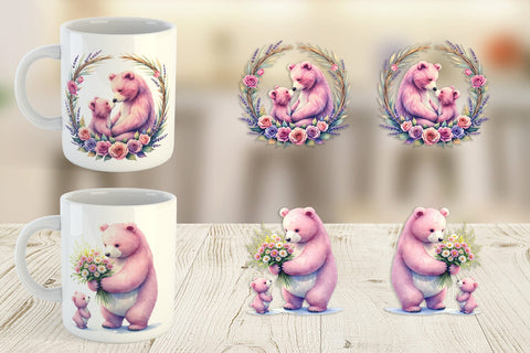 Mug Wrap Mama Bear Cub Watercolor Sublimation artnoy 