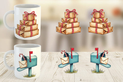 Mug Wrap Mid-Century Christmas Mail Retro Watercolor Sublimation artnoy 