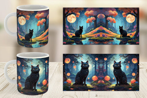 Mug Wrap Moonlit Woodland Black Cat Sublimation artnoy 