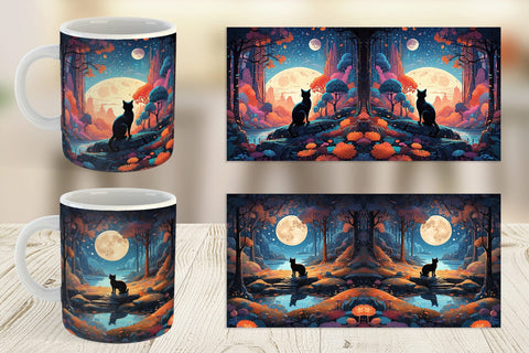 Mug Wrap Moonlit Woodland Black Cat Sublimation artnoy 