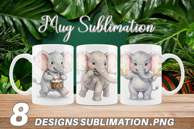Mug Wrap Musical Jungle Elephant Watercolor Sublimation artnoy 