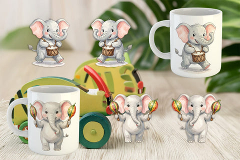 Mug Wrap Musical Jungle Elephant Watercolor Sublimation artnoy 