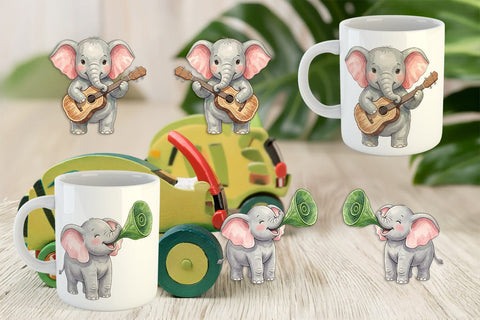 Mug Wrap Musical Jungle Elephant Watercolor Sublimation artnoy 