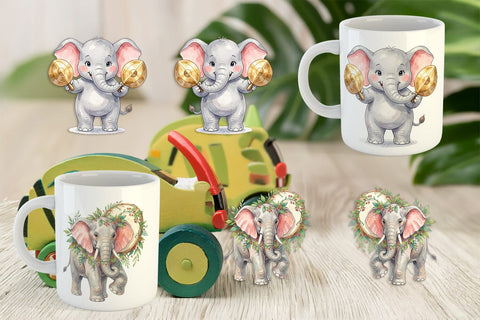 Mug Wrap Musical Jungle Elephant Watercolor Sublimation artnoy 