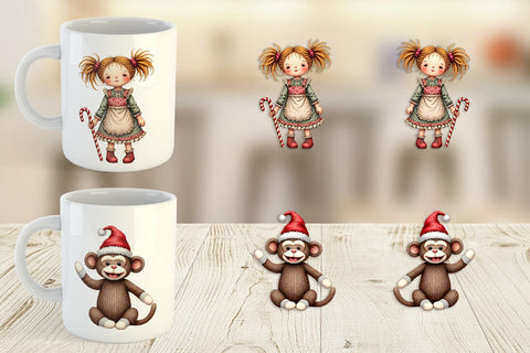 Mug Wrap Nostalgic Christmas Plush Toys Watercolor Sublimation artnoy 