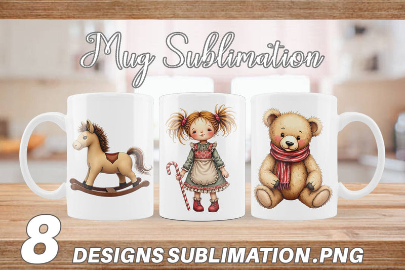 Mug Wrap Nostalgic Christmas Plush Toys Watercolor Sublimation artnoy 