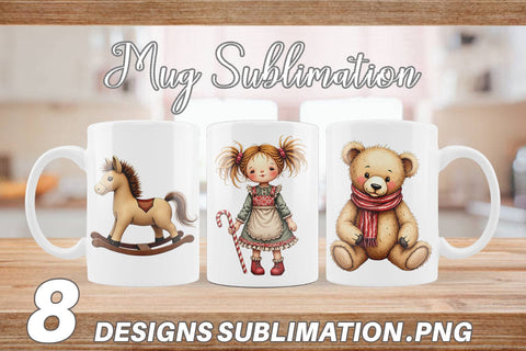 Mug Wrap Nostalgic Christmas Plush Toys Watercolor Sublimation artnoy 