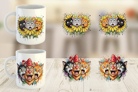 Mug Wrap Panic Garden Cats Messy Watercolor Sublimation artnoy 