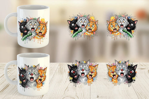 Mug Wrap Panic Garden Cats Messy Watercolor Sublimation artnoy 