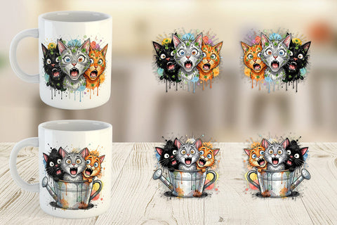 Mug Wrap Panic Garden Cats Messy Watercolor Sublimation artnoy 