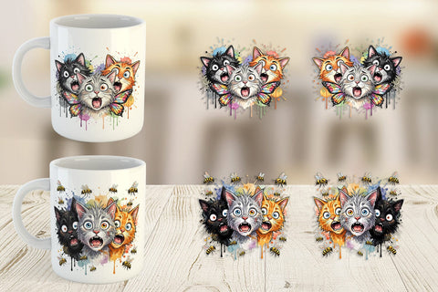 Mug Wrap Panic Garden Cats Messy Watercolor Sublimation artnoy 