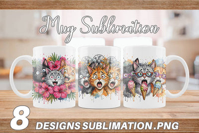 Mug Wrap Panic Tropical Cats Messy Watercolor Sublimation artnoy 