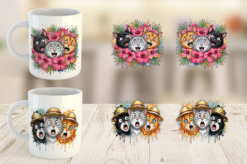 Mug Wrap Panic Tropical Cats Messy Watercolor Sublimation artnoy 