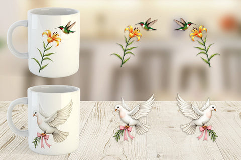 Mug Wrap Pastel Spring Birds & Blooms Watercolor Sublimation artnoy 
