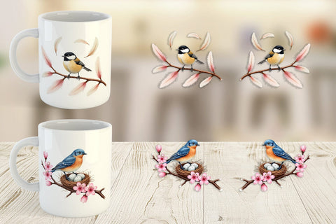 Mug Wrap Pastel Spring Birds & Blooms Watercolor Sublimation artnoy 