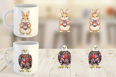 Mug Wrap Patriotic Patchwork Animal Watercolor Sublimation artnoy 