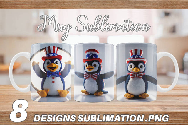 Mug Wrap Patriotic Penguin Crochet Sublimation artnoy 