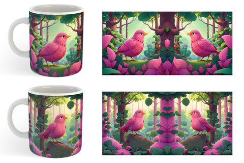 Mug Wrap Pink Bird in the Forest Sublimation artnoy 