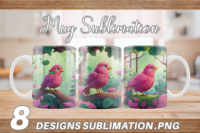 Mug Wrap Pink Bird in the Forest Sublimation artnoy 