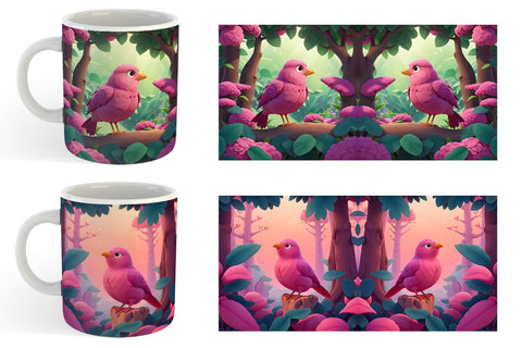 Mug Wrap Pink Bird in the Forest Sublimation artnoy 
