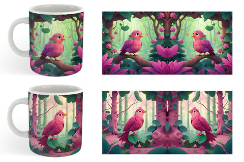 Mug Wrap Pink Bird in the Forest Sublimation artnoy 