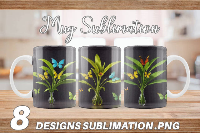 Mug Wrap Pot Plants and Butterfly Sublimation artnoy 