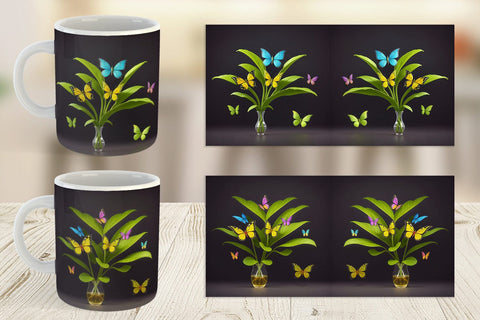 Mug Wrap Pot Plants and Butterfly Sublimation artnoy 
