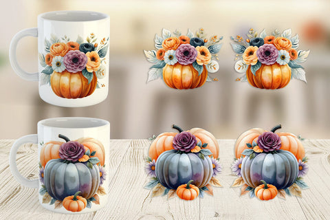 Mug Wrap Pumpkin Watercolor Floral Sublimation artnoy 