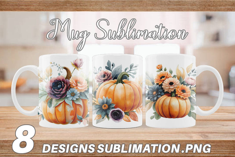 Mug Wrap Pumpkin Watercolor Floral Sublimation artnoy 