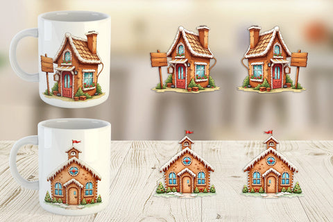 Mug Wrap Quirky Gingerbread Village Watercolor Sublimation artnoy 