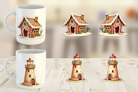 Mug Wrap Quirky Gingerbread Village Watercolor Sublimation artnoy 