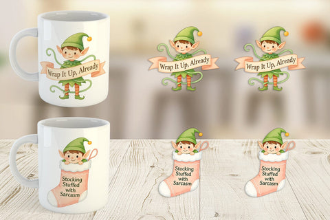 Mug Wrap Quotes Watercolor Elf Antics and Sarcasm Sublimation artnoy 
