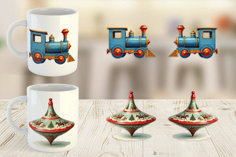 Mug Wrap Retro Christmas Tin Toy Treasures Watercolor Sublimation artnoy 
