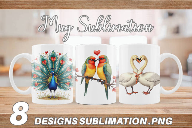 Mug Wrap Retro Lovebirds & Swans Valentine Watercolor Sublimation artnoy 